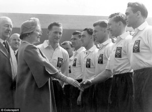 Tom meets the Queen Mother at Wembley before the 1954 FA Cup Final