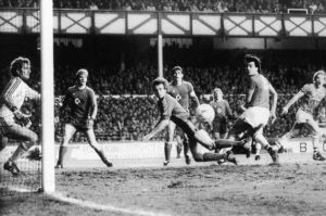 Graeme Sharp clips home Everton's first goal past Bayern Munich goalkeeper Jean Marie Pfaff in 1985